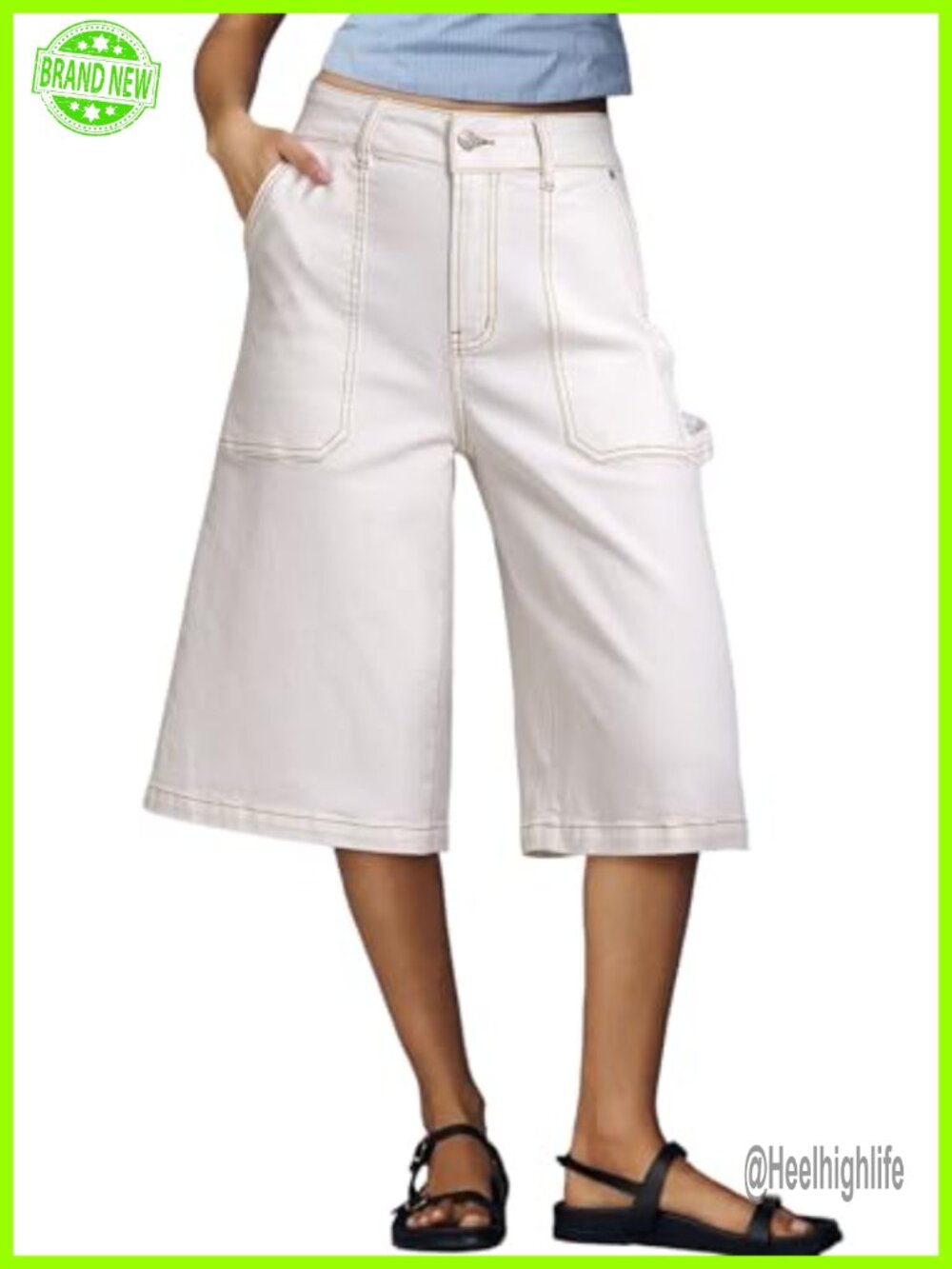 High Waisted Wide Leg Cargo Denim Shorts with Pockets Below Knee